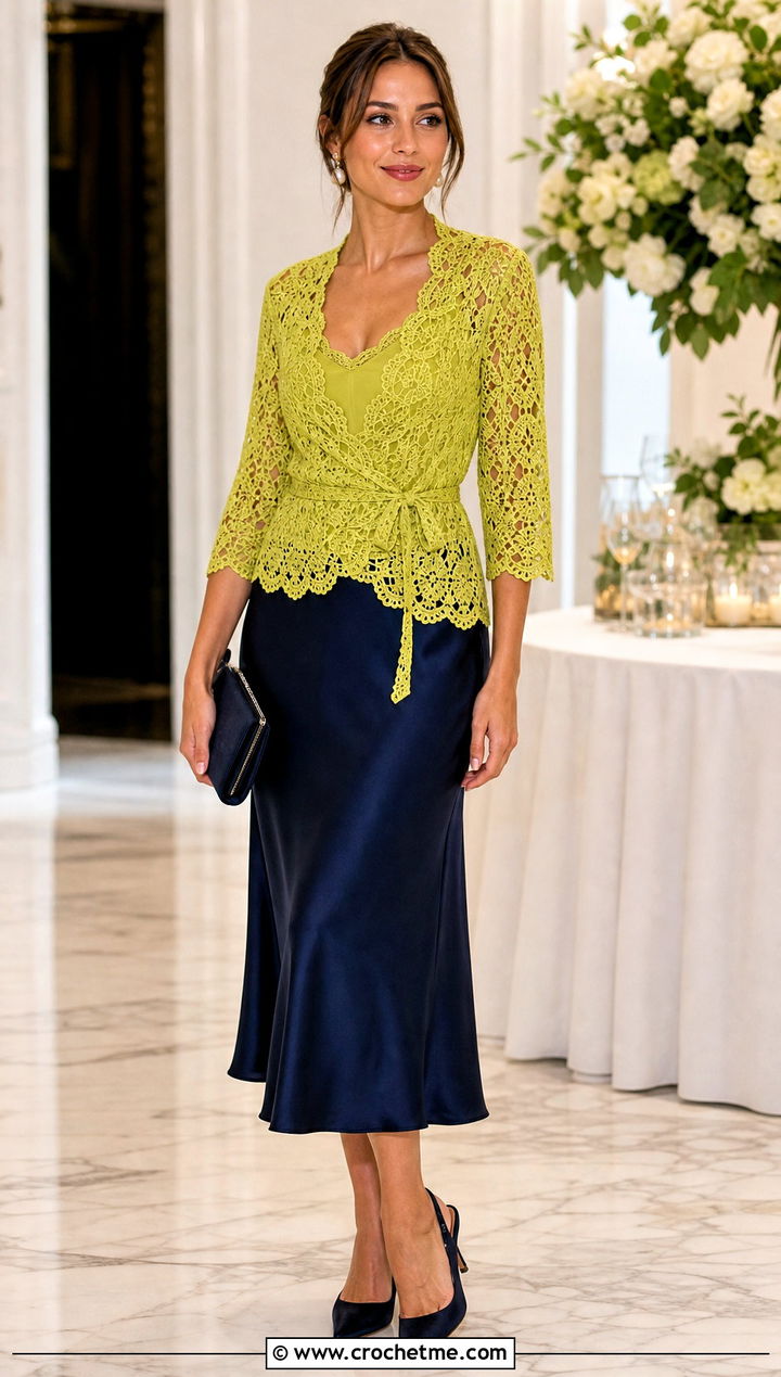 Scalloped Lace Crochet Wrap Top With Satin Slip Skirt - 30 crochet wrap around top outfit ideas