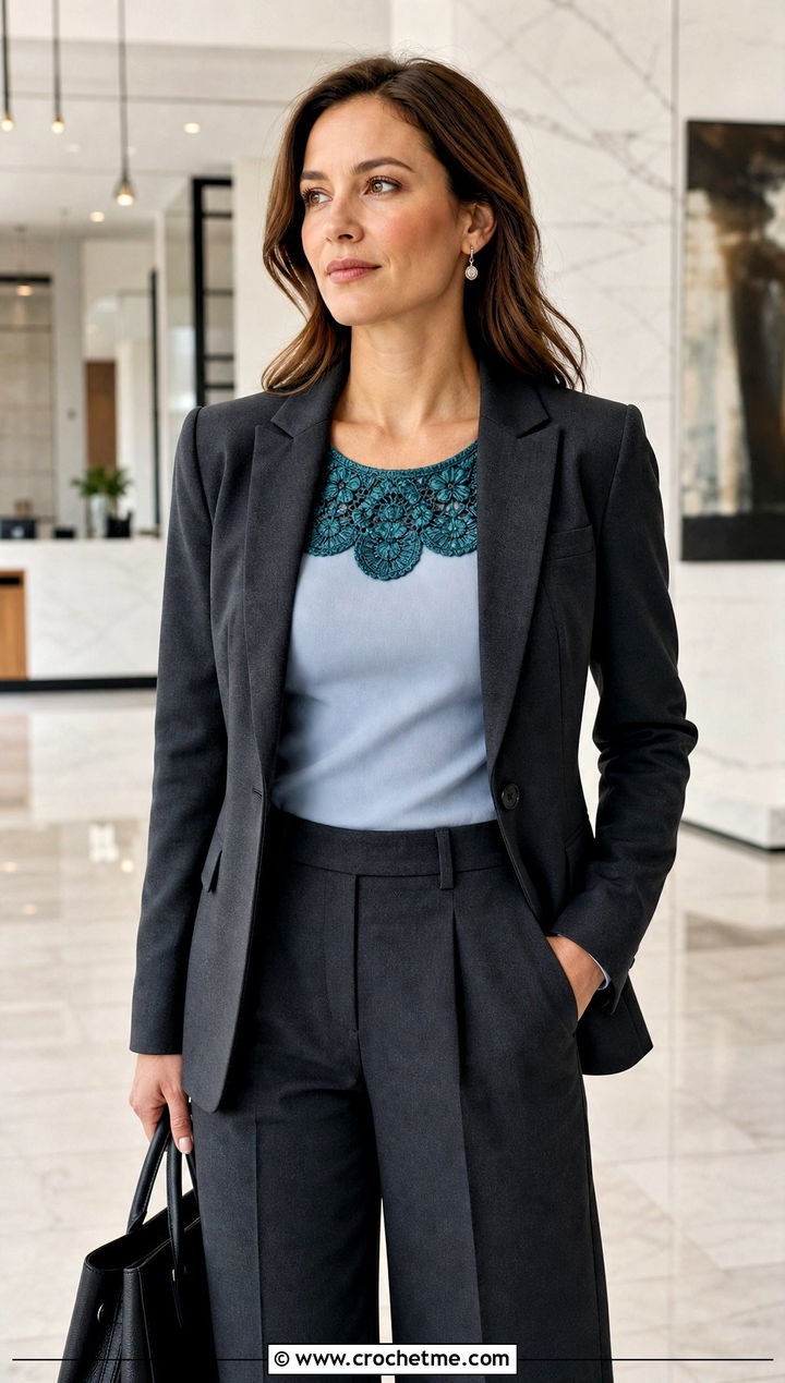 Scalloped Lace Crocheted Collar With Office Suit - 15 Crocheted Collars outfit ideas