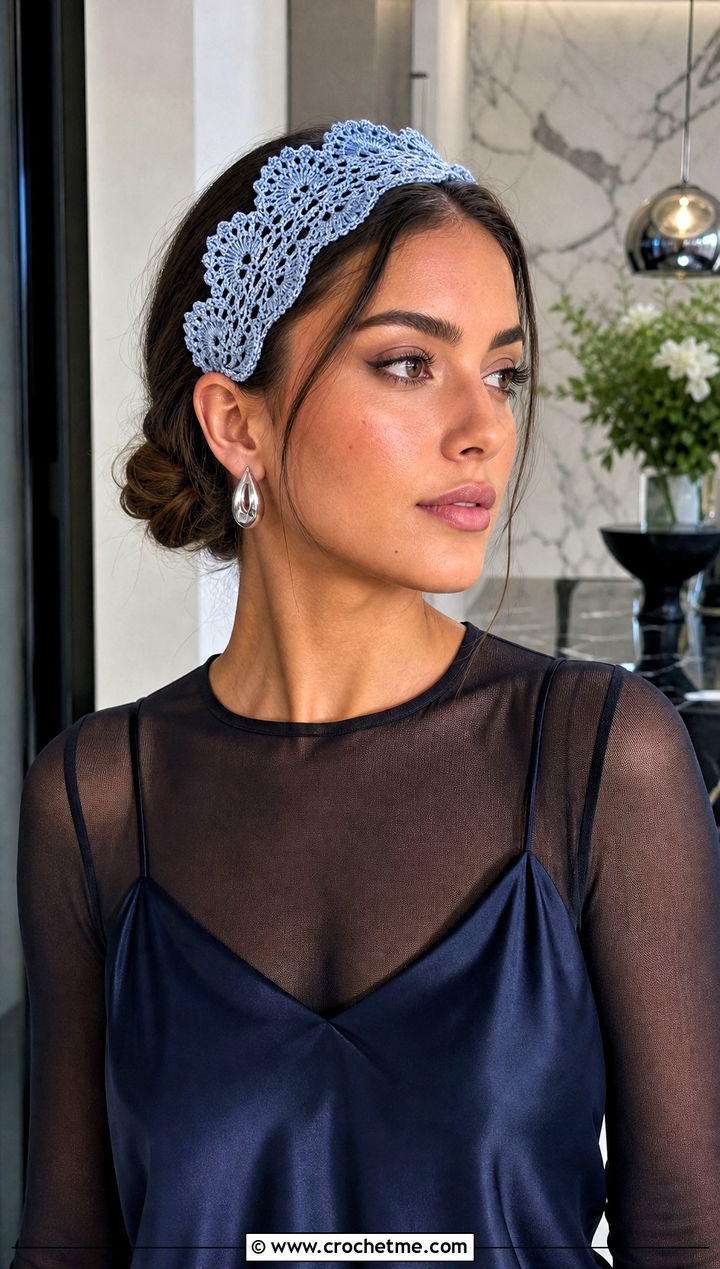 Scalloped Lace Headband With Slip Dress - 25 Easy Crocheted Headbands Ear Warmers outfit ideas