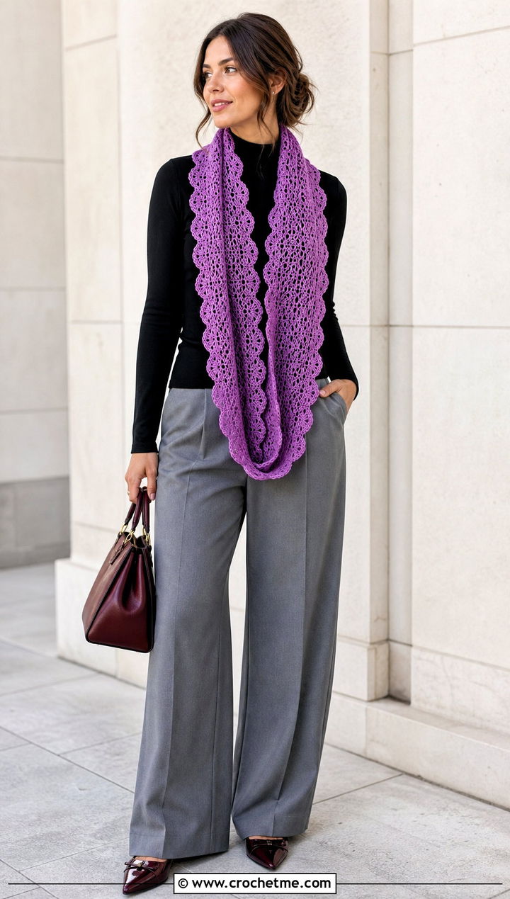 Scalloped Lace Infinity Scarf With Wide Leg Trousers - 20 Lacy Crochet Infinity Scarf outfit ideas