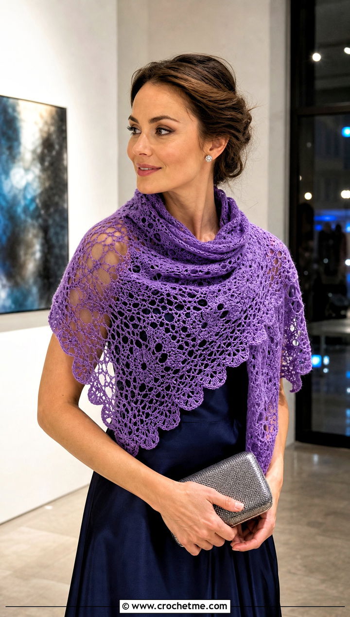 Scalloped Lace Mesh Triangle Shawl With Satin Dress - 30 Crochet Mesh Triangle Shawl outfit ideas
