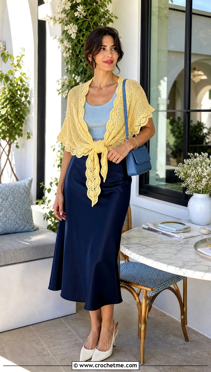 Scalloped Lace Shawlette With Satin Skirt - 25 Lacey Crochet Shawls outfit ideas