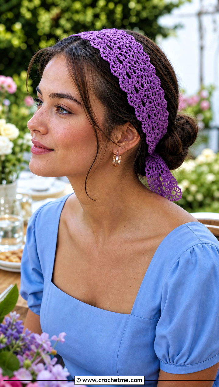 Scalloped Lace Tie Crochet Adjustable Headband With Midi Dress - 20 Crochet Adjustable Headband outfit ideas