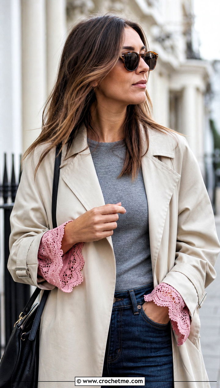 Scalloped Lace Wristlets With Trench Coat And Jeans - 25 lace crochet gloves outfit ideas