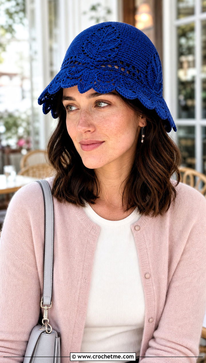 Scalloped Leaf Cloche With Cropped Cardigan - 25 Crochet Leaf Hat outfit ideas