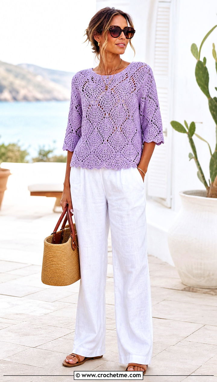 Scalloped Leaf Crochet Sweater With Linen Pants - 25 crochet leaf sweater outfit ideas