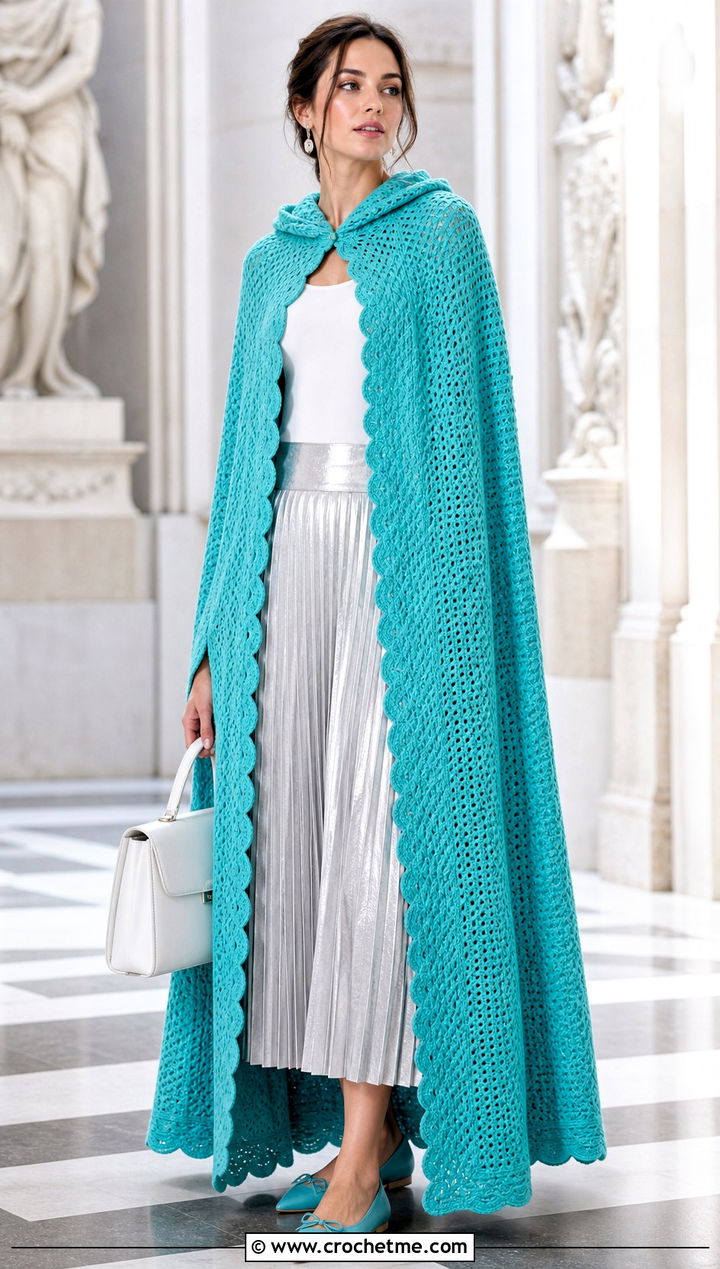Scalloped Long Hooded Crochet Cape With Pleated Midi Skirt - 25 Long Hooded Crochet Cape outfit ideas