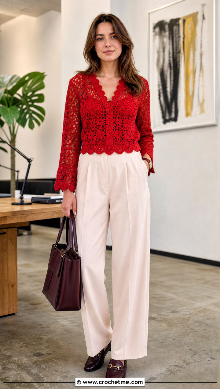Scalloped Long Sleeve Crochet Top With Pleated Pants - 25 long sleeve crochet top outfit ideas