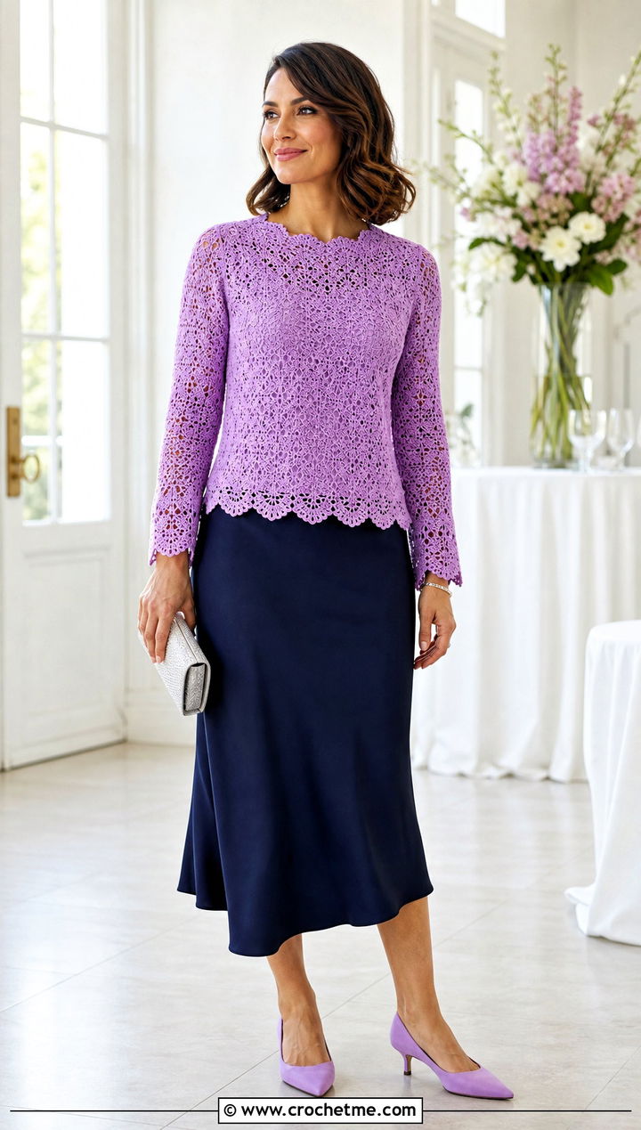 Scalloped Long Sleeve Crochet Top With a Bias Cut Skirt - 25 aesthetic long sleeve crochet tops outfit ideas