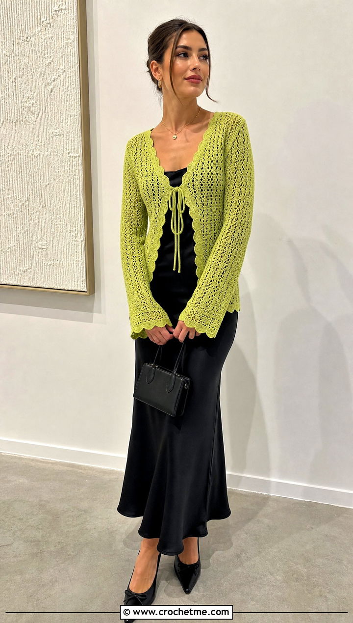 Scalloped Long Sleeve Tie Front Crochet Top Over A Slip Dress - 25 long sleeve tie front crochet top outfit ideas