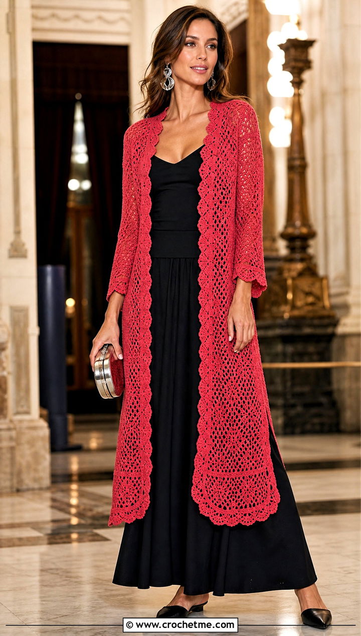Scalloped Longline Crochet Cardigan With Black Maxi Skirt - 25 Lacy Crochet Cardigan outfit ideas