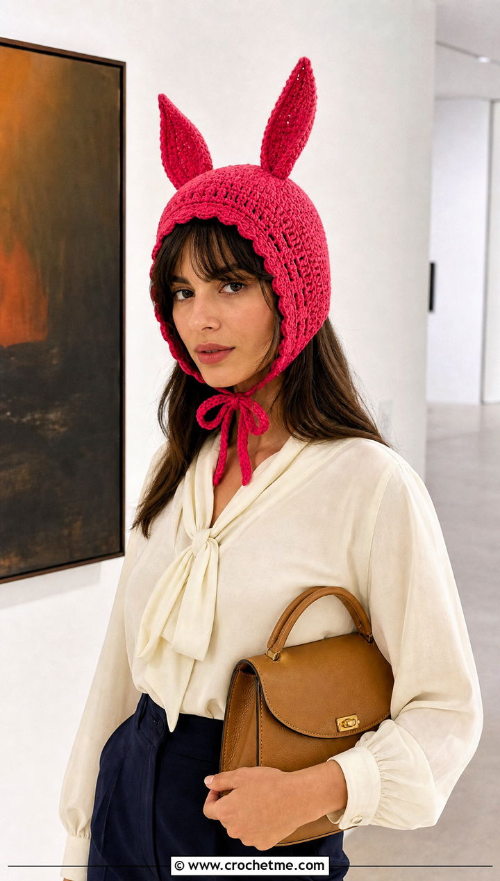 Scalloped Louise Crochet Bunny Ear Hat With Blouse And Cropped Trousers - 25 Louise Crochet Hat outfit ideas