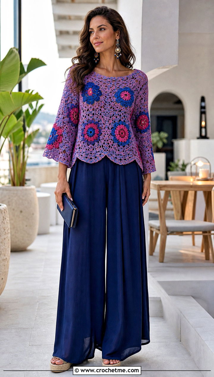 Scalloped Mandala Crochet Sweater With Palazzo Pants - 25 Mandala Crochet Sweater outfit ideas