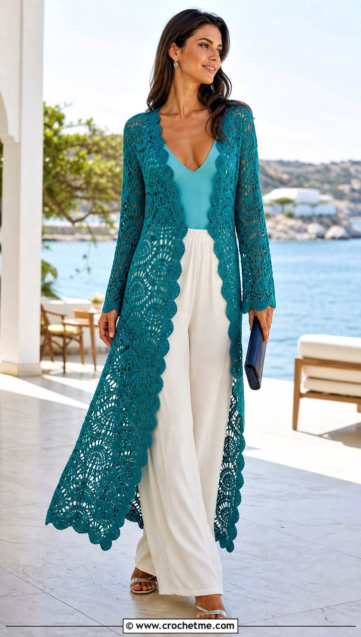 Scalloped Maxi Crochet Dress Coverup With Wide Leg Pants - 30 crochet swimsuit coverup outfit ideas