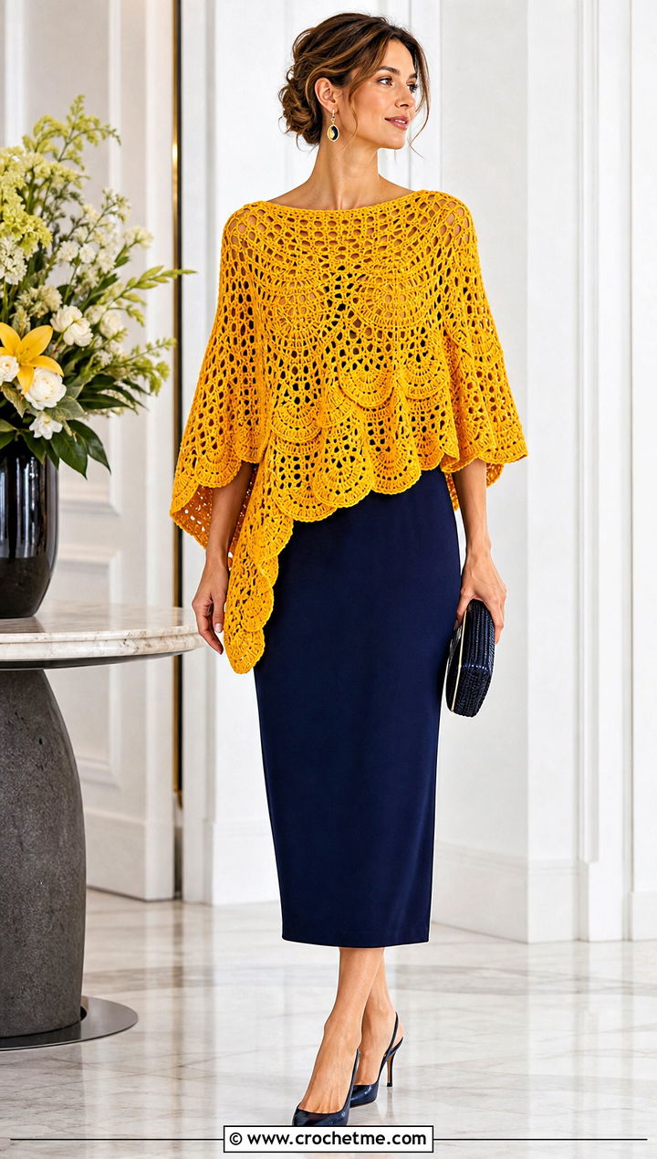 Scalloped Mesh Crochet Poncho With Column Dress - 25 Mesh Crochet Poncho outfit ideas