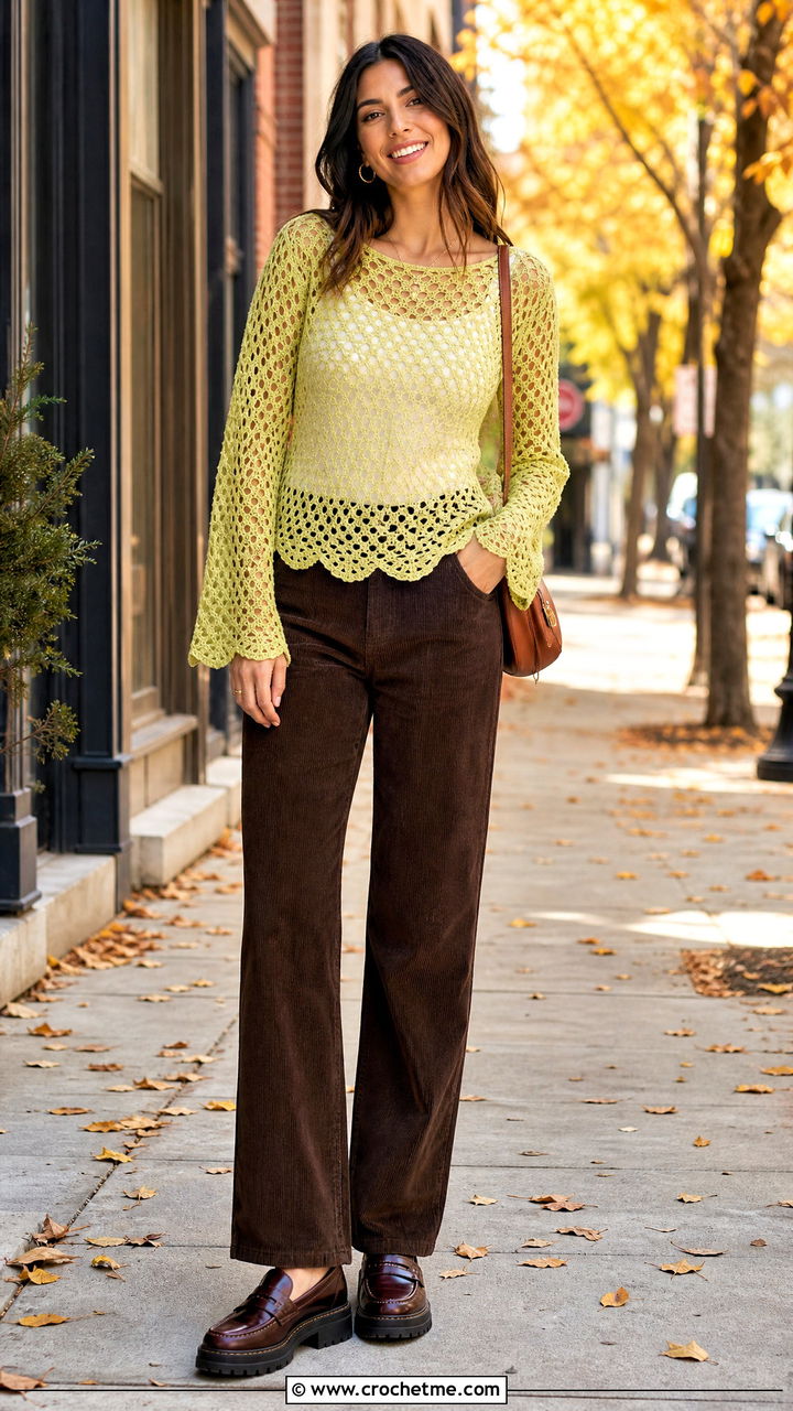 Scalloped Mesh Crochet Top With Corduroy Pants - 35 mesh crochet top outfit ideas