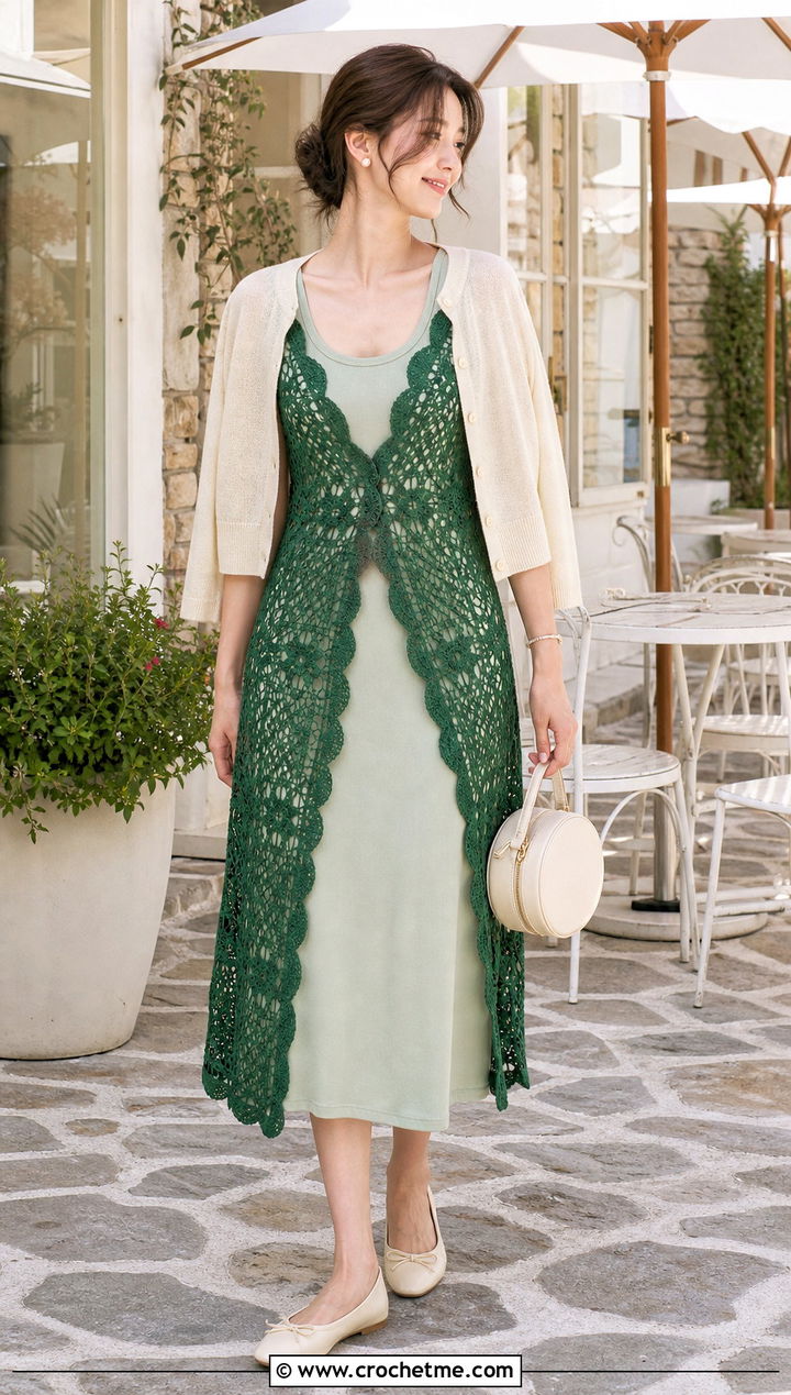 Scalloped Midi Crochet Overlay Dress With Ballet Flats - 25 Crochet Overlay Dress outfit ideas