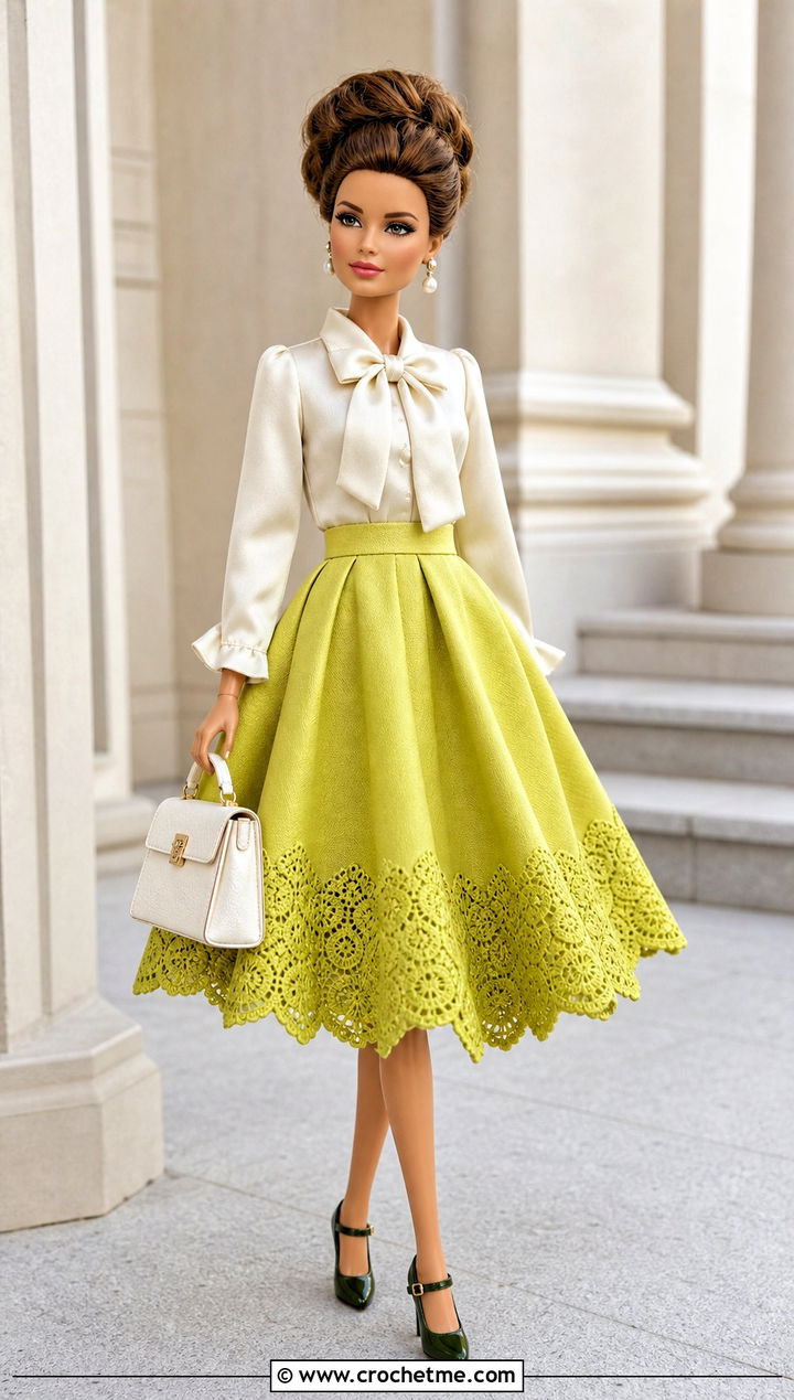 Scalloped Midi Doll Skirt With Silk Blouse - 15 Crochet Doll Skirts outfit ideas
