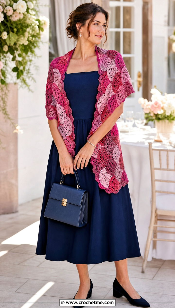 Scalloped Mosaic Crochet Shawl With Midi Dress - 30 mosaic crochet shawl outfit ideas
