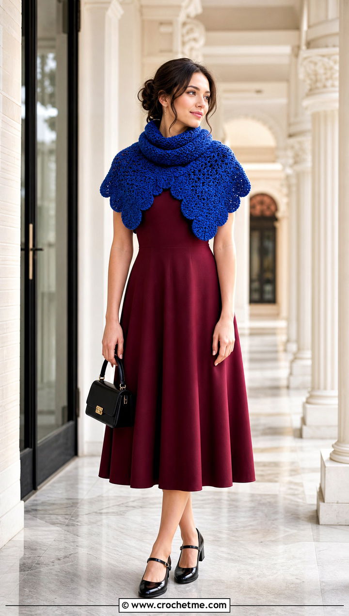 Scalloped Moss Stitch Scarf With Fit And Flare Dress - 35 crochet moss stitch scarf outfit ideas