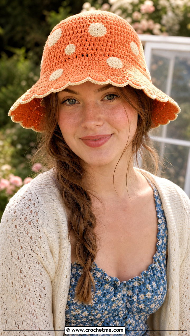 Scalloped Mushroom Crochet Bucket Hat With Floral Midi Dress - 15 Mushroom Crochet Bucket Hat outfit ideas