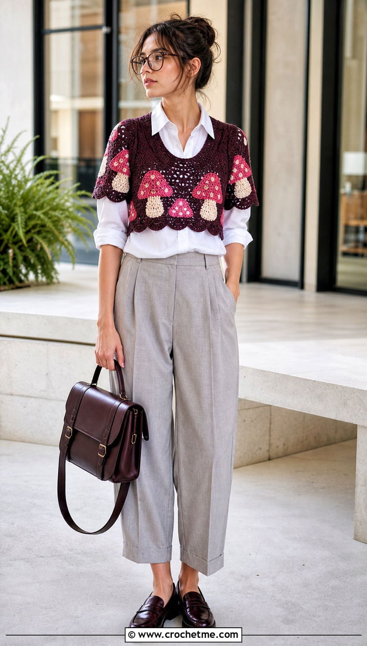 Scalloped Mushroom Crop Top Over A Button Down Shirt - 15 Crochet Mushroom Crop Top outfit ideas