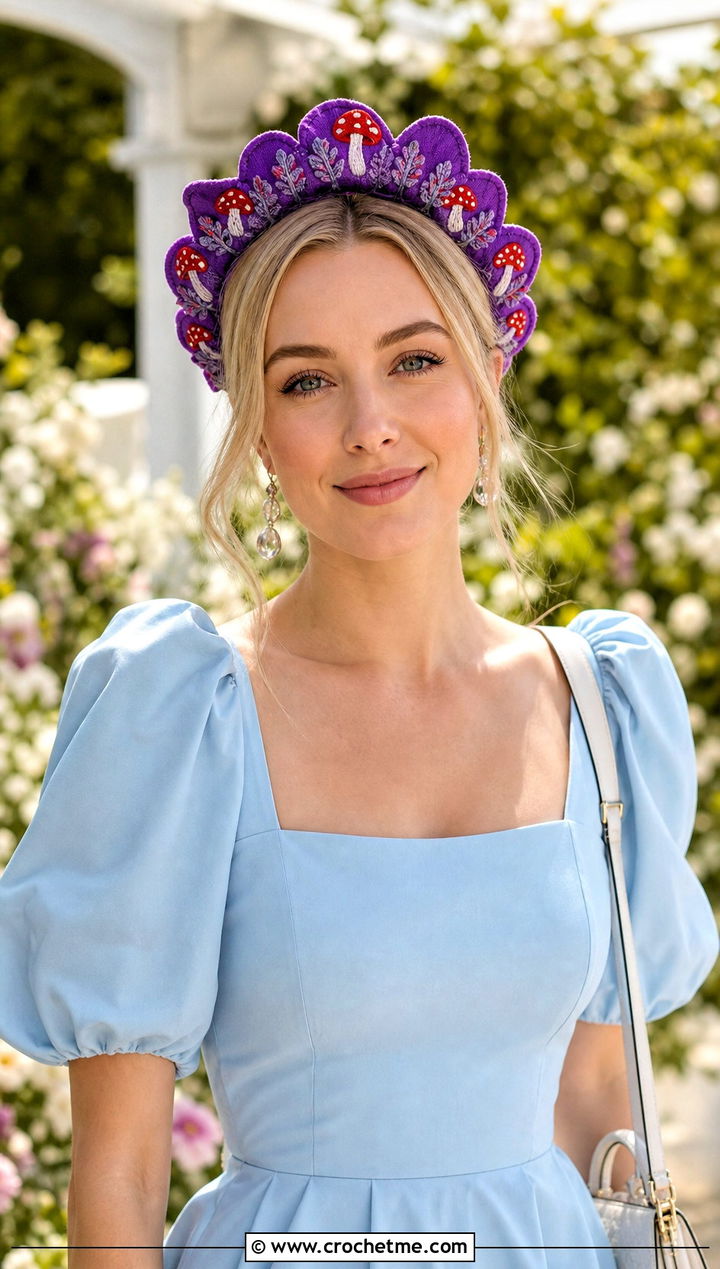 Scalloped Mushroom Crown Headband With Puff Sleeve Dress - 25 mushroom crochet headband outfit ideas