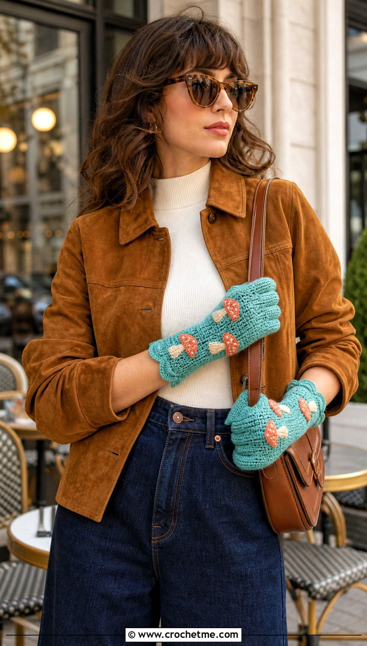 Scalloped Mushroom Gloves With Wide Leg Jeans - 20 Crochet Mushroom Gloves outfit ideas