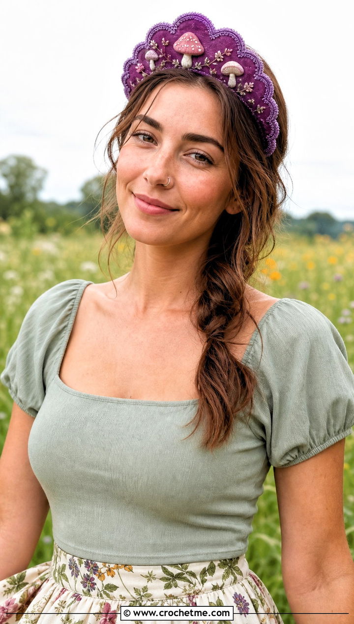 Scalloped Mushroom Headscarf Headband With Maxi Skirt - 25 Crochet Mushroom Headband outfit ideas
