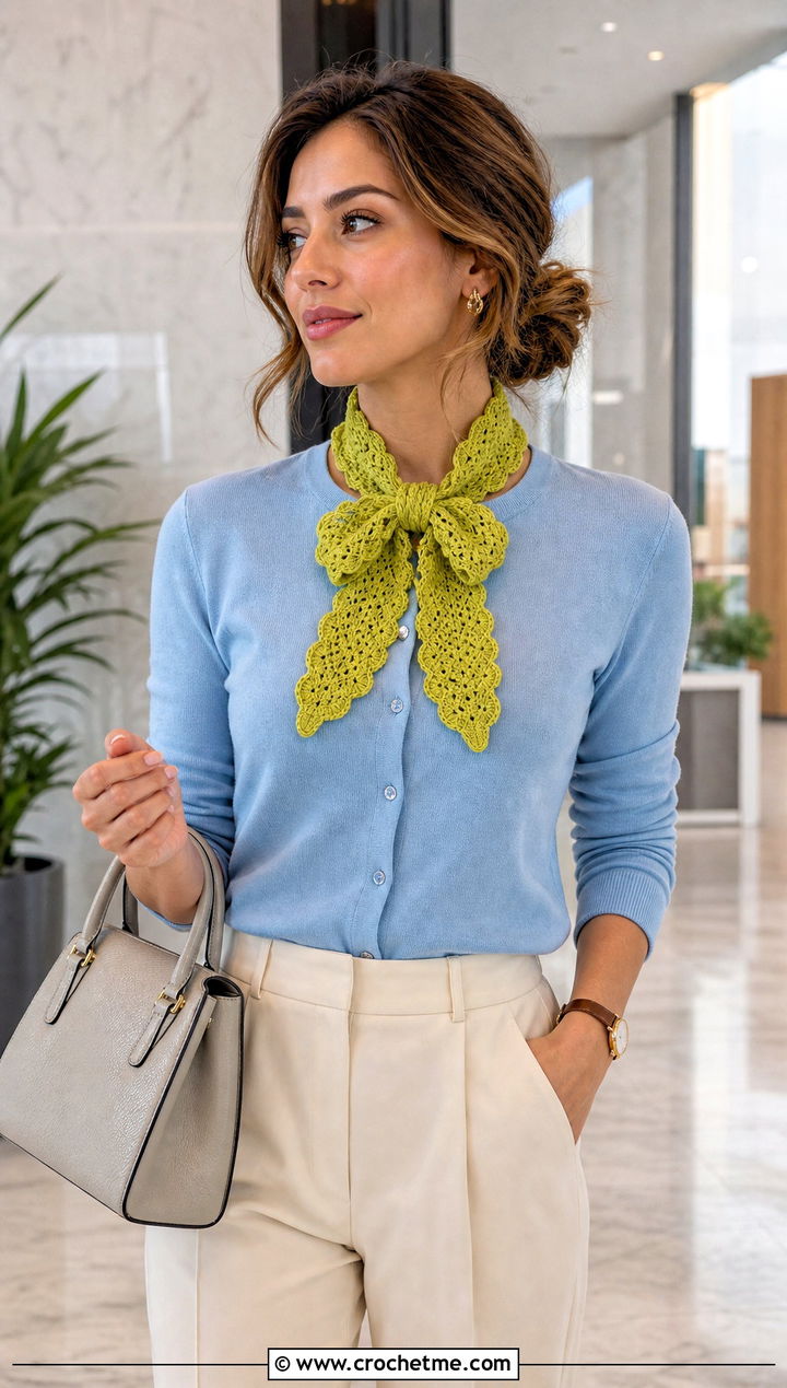 Scalloped Narrow Crochet Scarf With Cardigan And Trousers - 25 Narrow Crochet Scarf outfit ideas