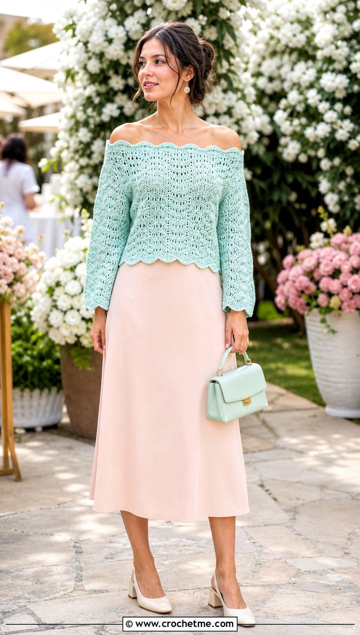 Scalloped Off Shoulder Crochet Sweater With A Line Midi Skirt - 35 off shoulder crochet sweater outfit ideas