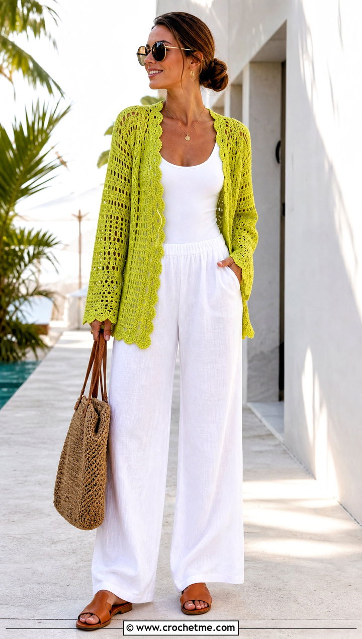Scalloped Open Front Crochet Cardigan With Linen Pants - 15 Crochet Womens Cardigan Sweater outfit ideas