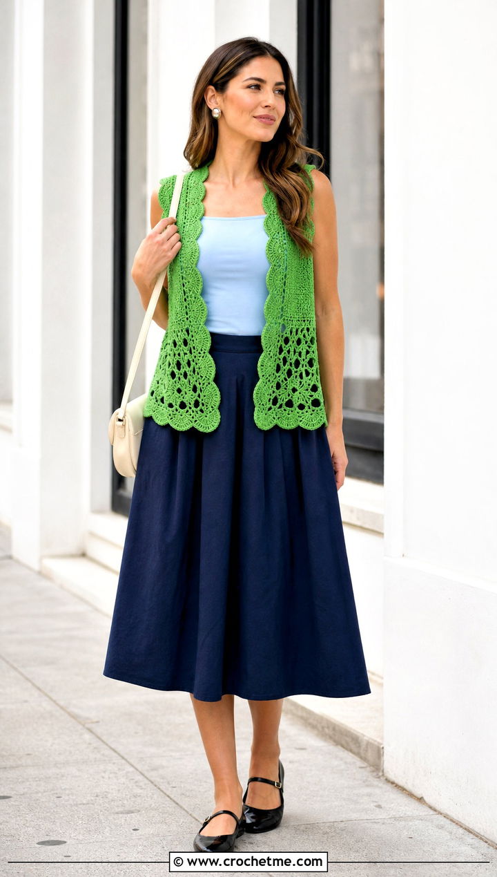 Scalloped Open Front Crochet Vest With Midi Skirt - 25 crochet open front vest outfit ideas