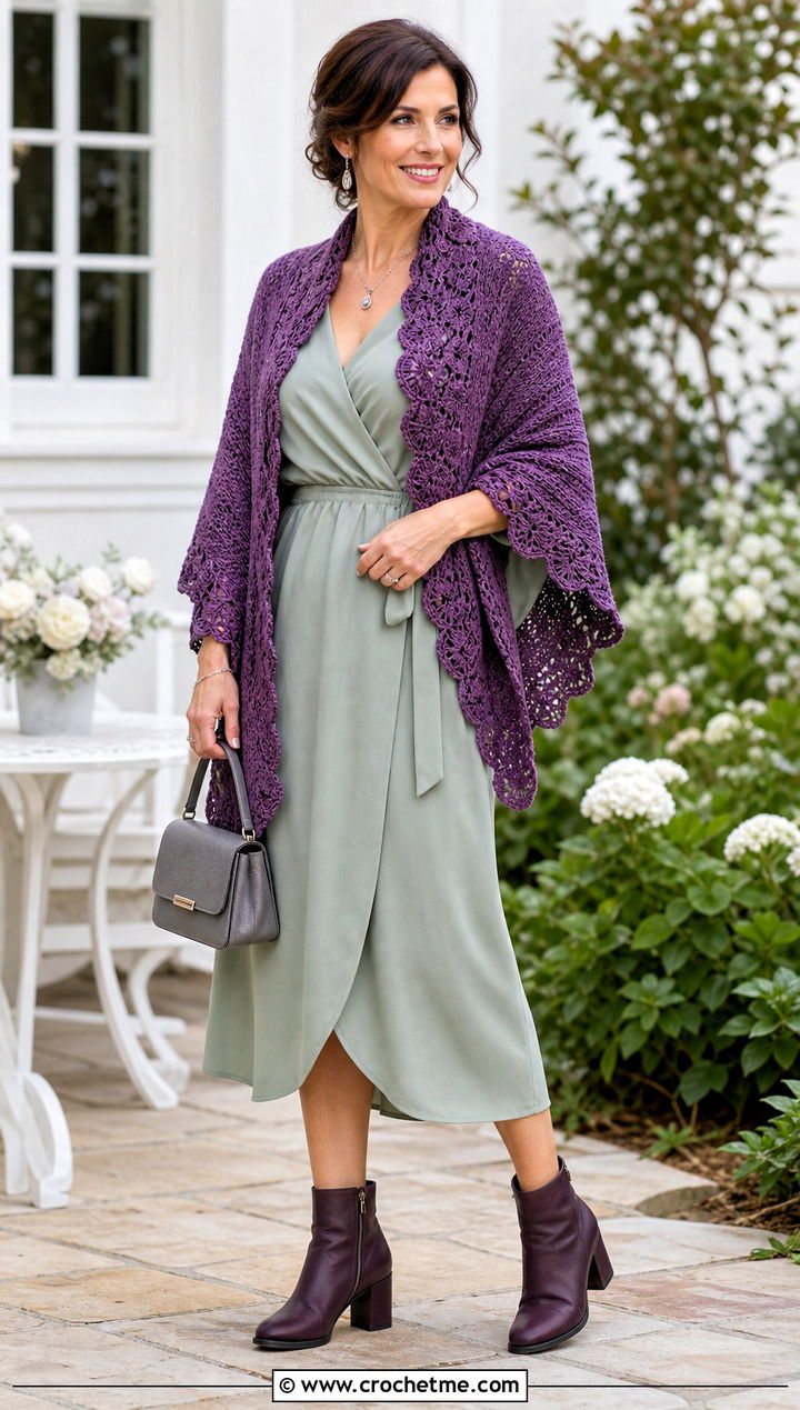 Scalloped Outlander Shawl With Wrap Dress - 35 crochet outlander shawl outfit ideas