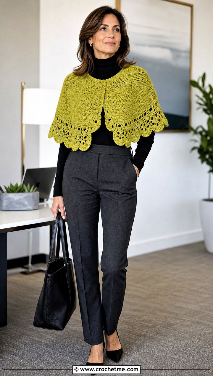 Scalloped Pelerine With Turtleneck And Tailored Trousers - 25 Victorian Crochet Shawl outfit ideas