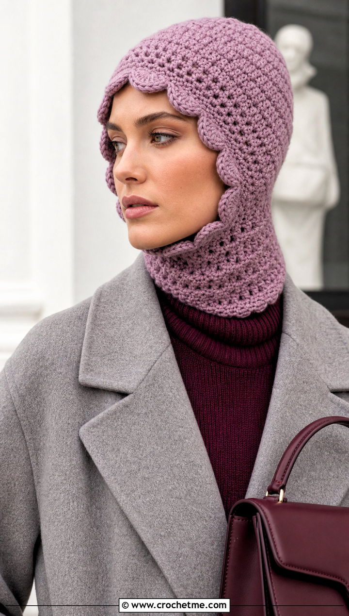 Scalloped Pink Crochet Balaclava With Pleated Midi Skirt - 25 Pink Crochet Balaclava outfit ideas