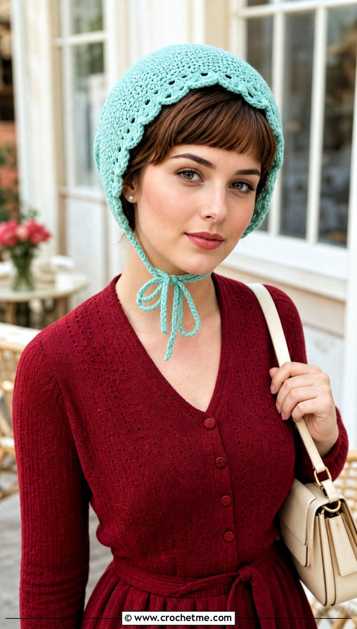 Scalloped Pixie Crochet Bonnet With Cardigan Dress And Mary Janes - 25 pointy crochet hat outfit ideas