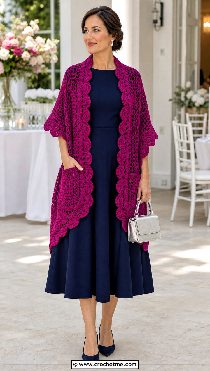 Scalloped Pocket Shawl With A Line Dress - 35 crochet wrap with pockets outfit ideas