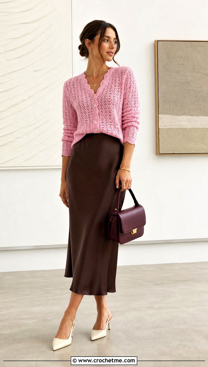 Scalloped Pointelle Crochet Button Sweater With Satin Midi Skirt - 15 crochet sweater with button closure outfit ideas