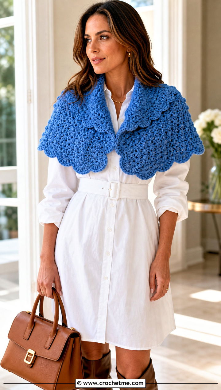 Scalloped Popcorn Crochet Scarf With Shirt Dress - 25 Popcorn Crochet Scarf outfit ideas
