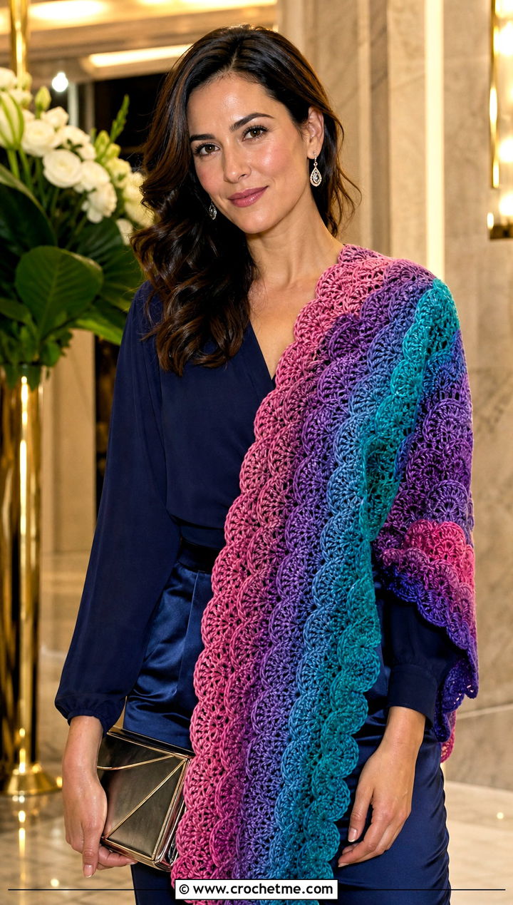 Scalloped Rainbow Scarf With Blouse And Satin Pants - 15 Crochet Rainbow Scarf outfit ideas