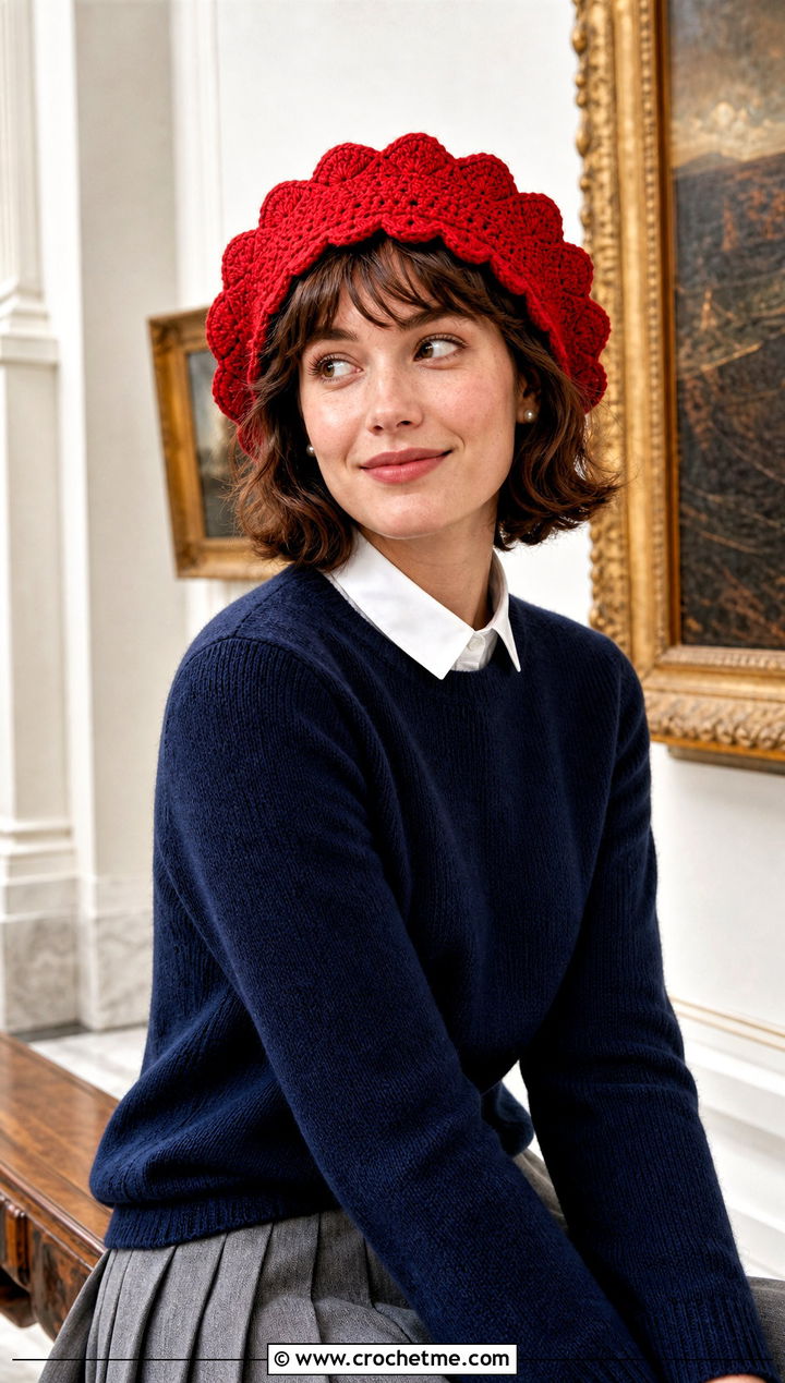 Scalloped Red Crochet Beret With Preppy Skirt Outfit - 15 red crochet beret outfit ideas