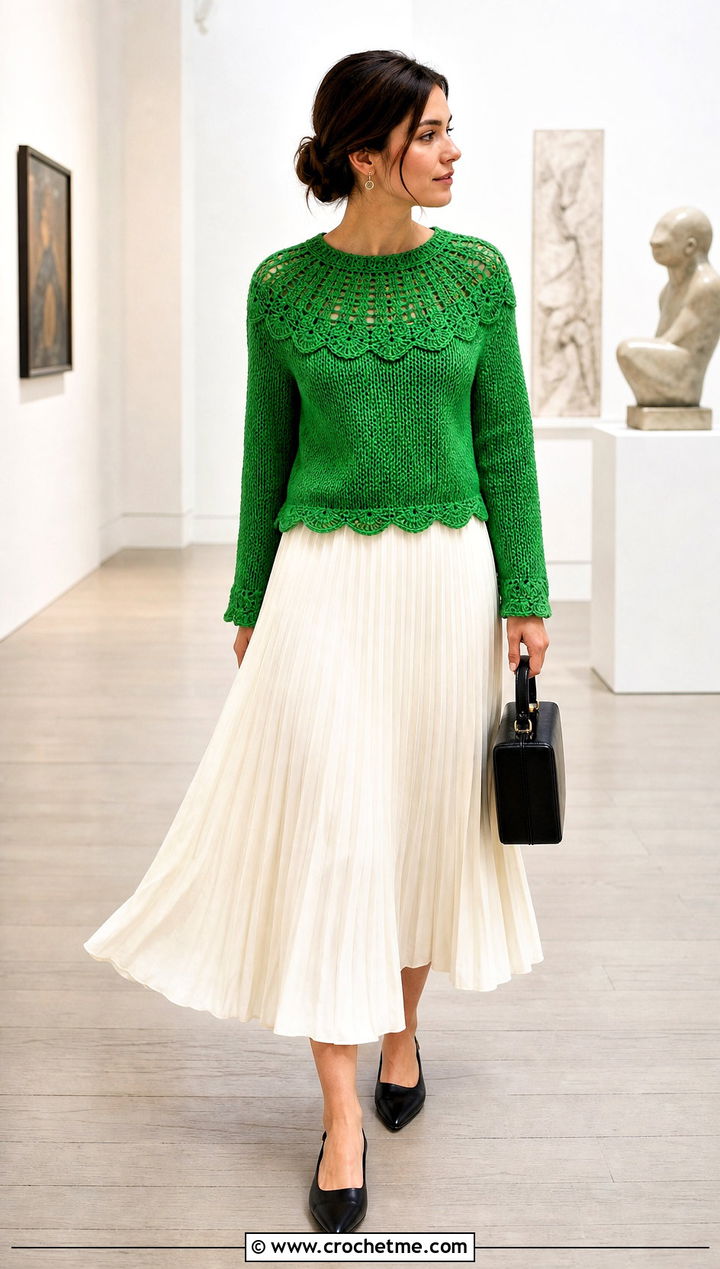 Scalloped Round Yoke Crochet Sweater With Pleated Midi Skirt - 20 Round Yoke Crochet Sweater outfit ideas