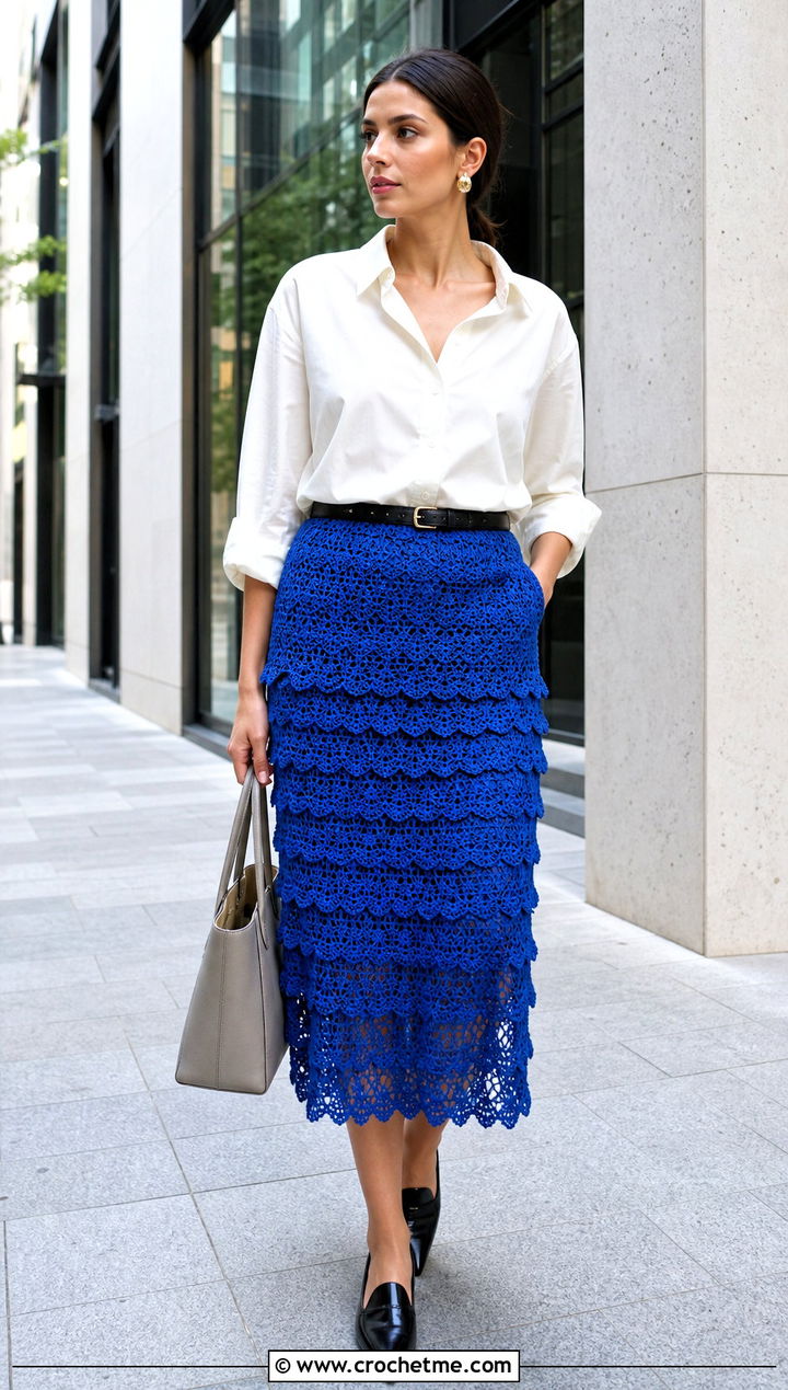 Scalloped Ruffle Crochet Midi Skirt With Button Down Shirt - 35 crochet skirt with ruffles outfit ideas