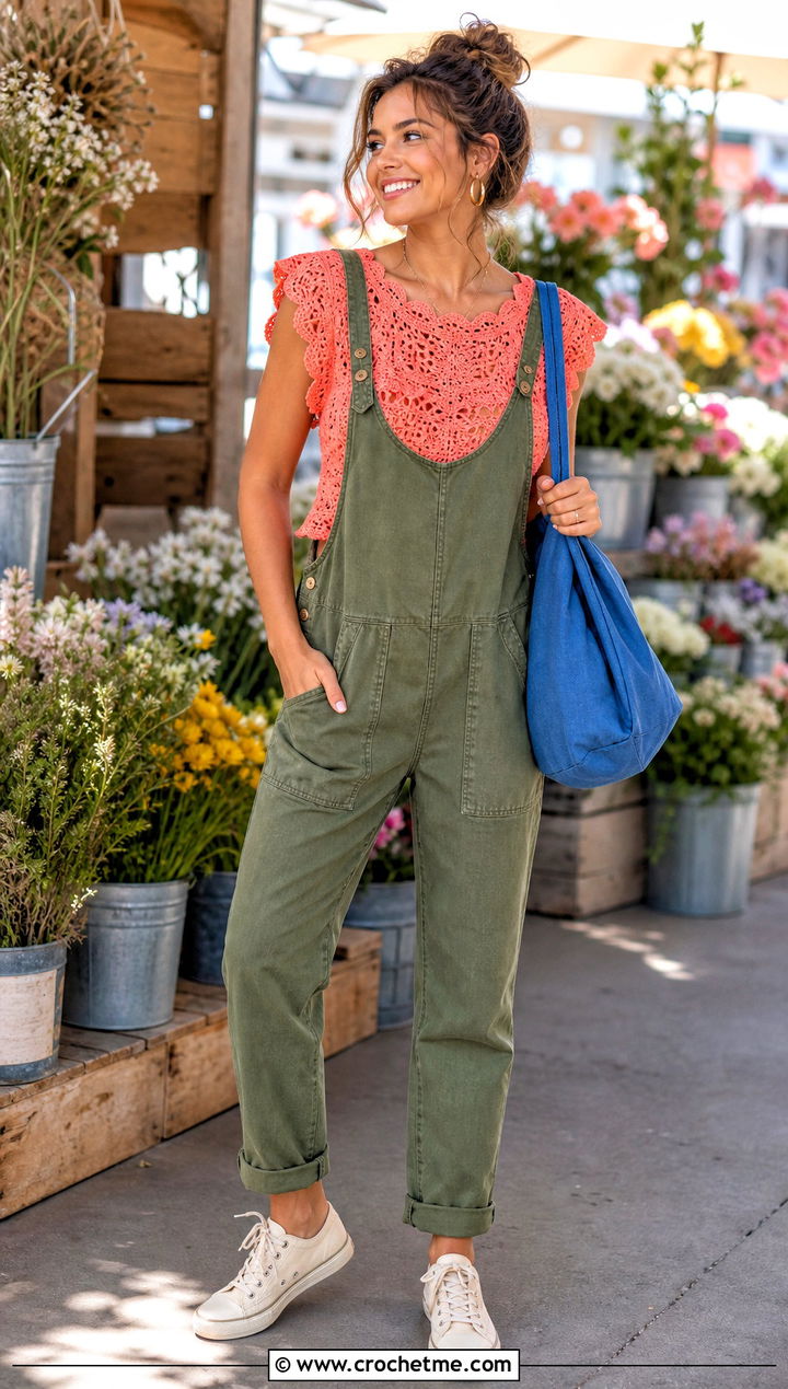 Scalloped Ruffle Crochet Top With Utility Overalls - 25 ruffled crochet top outfit ideas