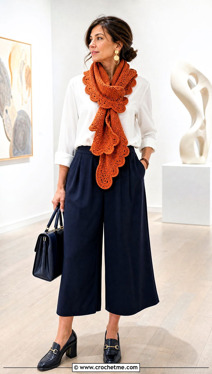 Scalloped Ruffle Scarf With Blouse And Culottes - 30 crochet ruffle scarf outfit ideas