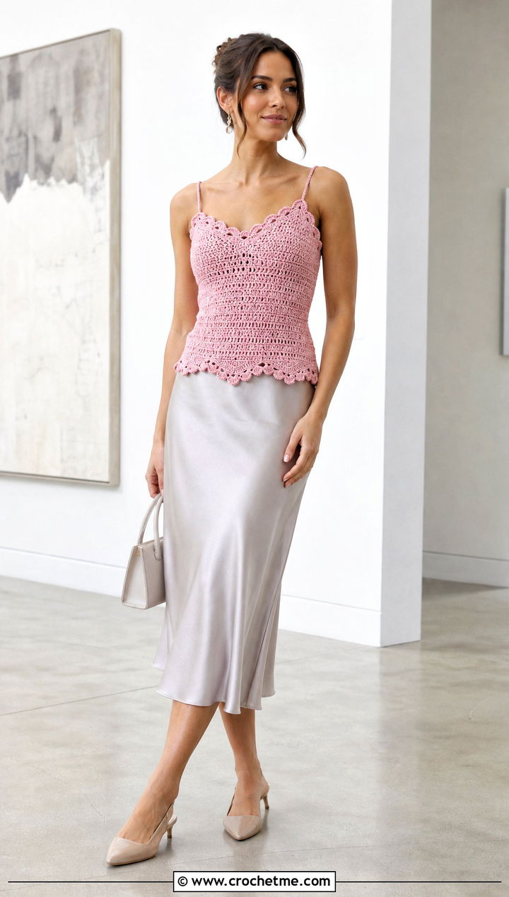 Scalloped Rustic Crochet Camisole With Satin Midi Skirt - 15 rustic crochet tank top outfit ideas