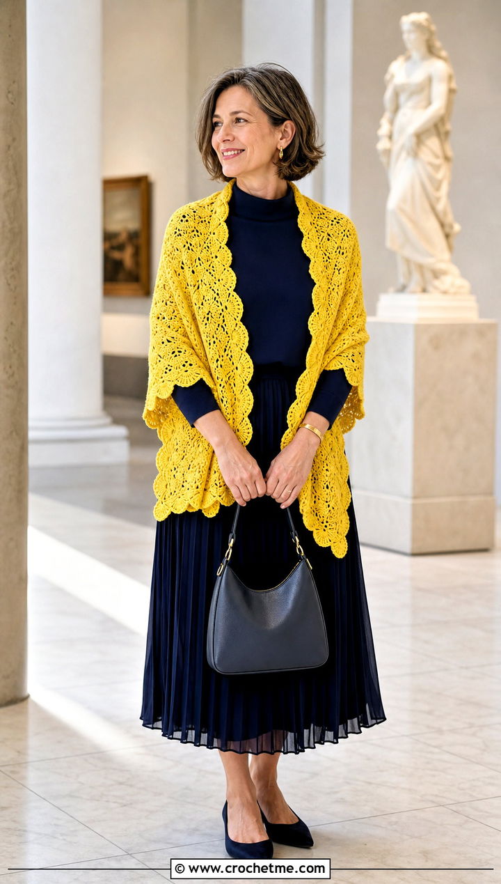 Scalloped Shell Shawl With Pleated Midi Skirt - 20 Crochet Shell Shawl outfit ideas