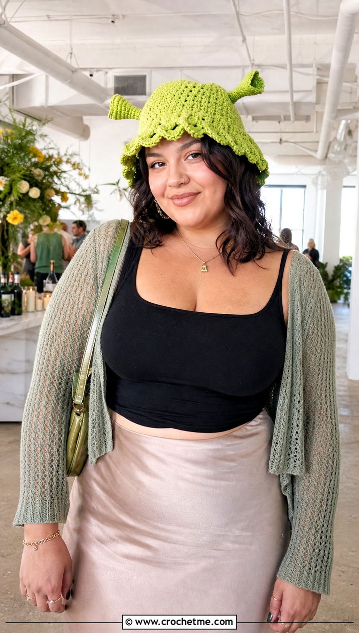 Scalloped Shrek Crochet Bucket Hat With Satin Skirt And Tank - 25 shrek crochet bucket hat outfit ideas
