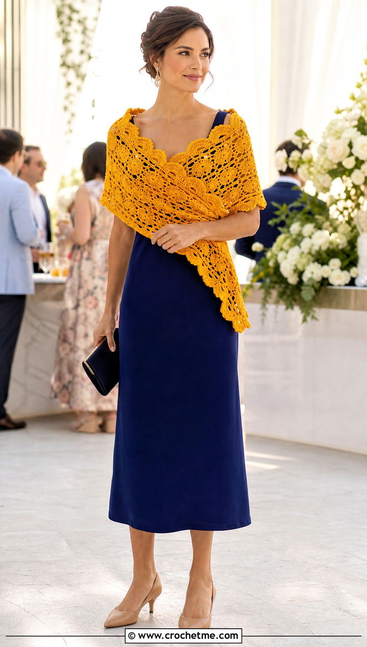 Scalloped Sideways Crochet Shawl With Column Dress - 25 Sideways Crochet Shawl outfit ideas